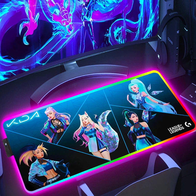 

RGB Mouse Pad Large KDA Mousepad Backlight Keyboard Desk Protector Anime Cute Xxl Gaming Pc Gamer Kawaii Accessories Mat Backlit