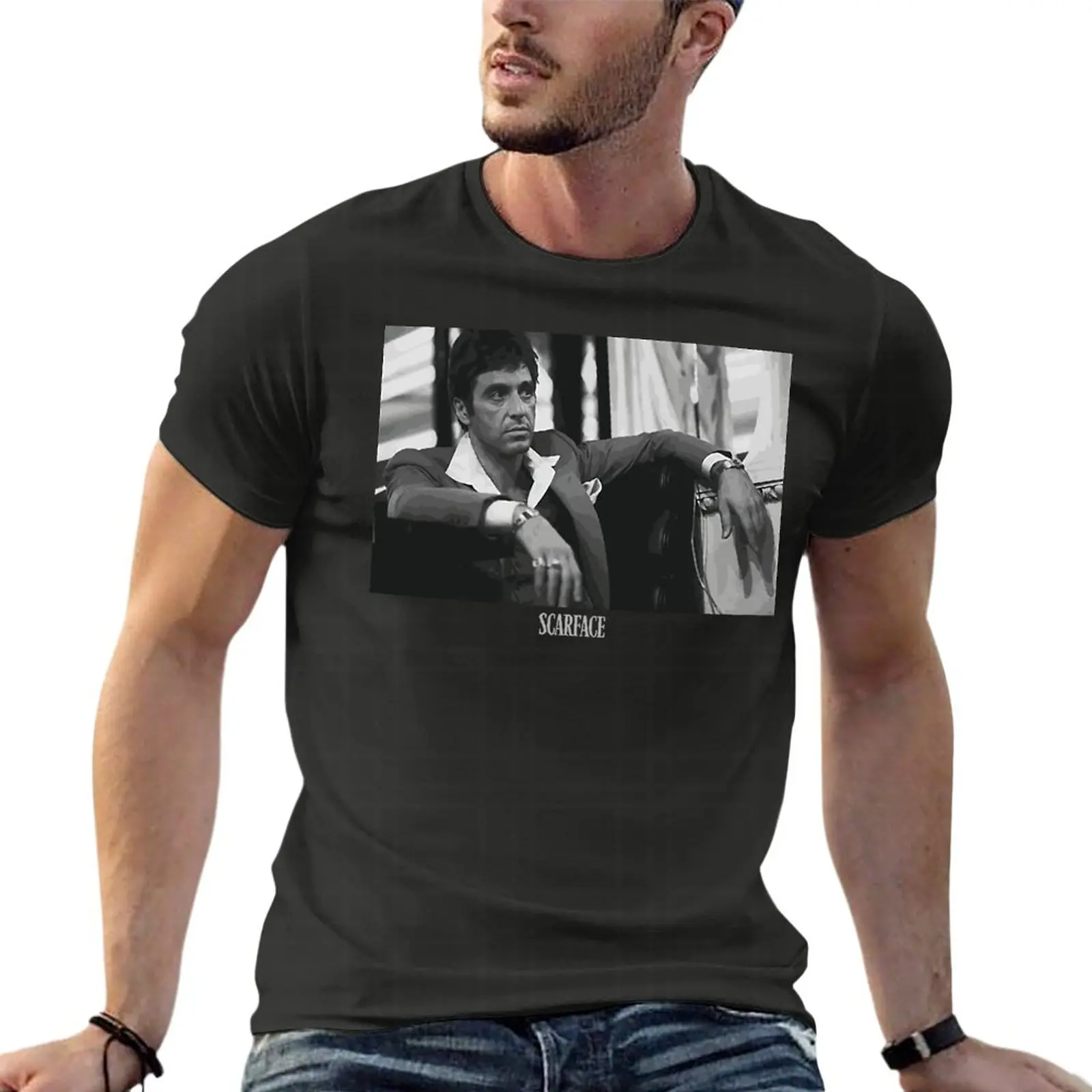 

Scarface Tony Montana Sitting Portrait Logo Oversize T Shirts Custom Men Clothing 100% Cotton Streetwear Big Size Top Tee