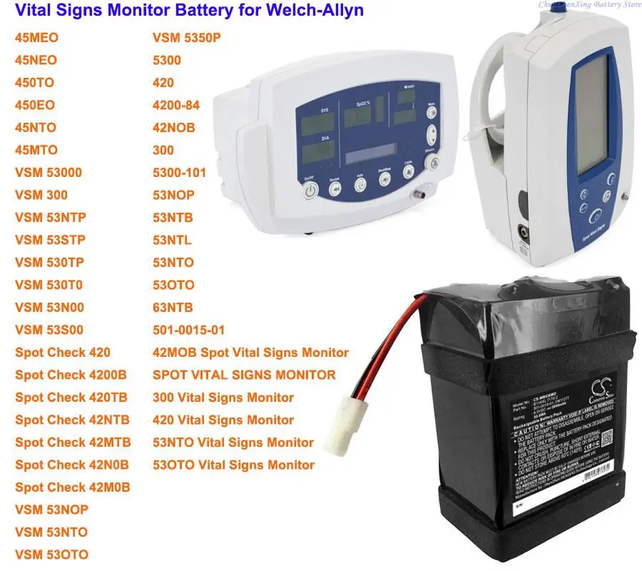 

Cameron Sino 5000mAh Battery for Welch-Allyn 45MEO,45NEO,450TO,450EO,45NTO,45MTO,VSM 53000,VSM 300,530T0,63NTB,53NTO,5350P