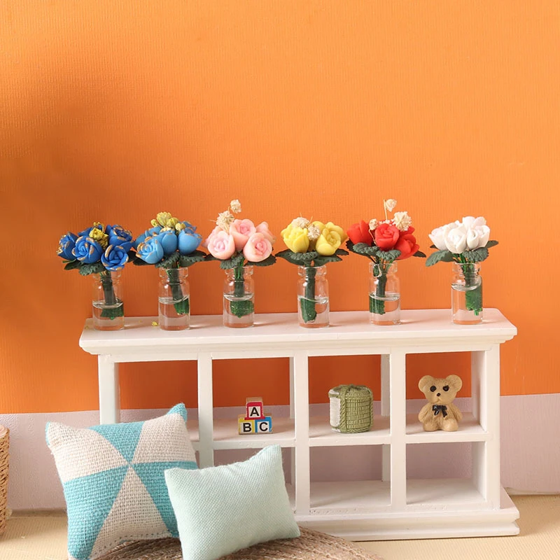 

1Pc 1:12 Dollhouse Miniature Rose Potted Plant Flowers in Vase Model Garden Home Decor Toy Doll House Accessories