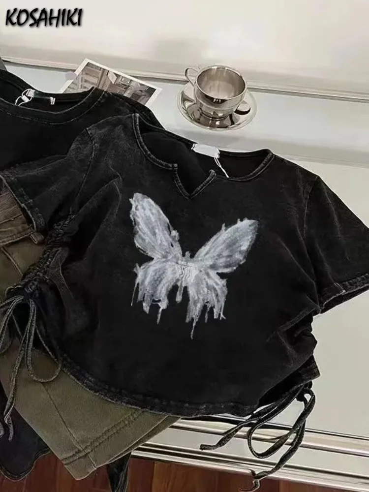 

Summer New Harajuku Butterfly Print Grunge T-shirts Loose Fashion Streetwea Crop Tops Women Y2k Aesthetic Casual Drawstring Tees