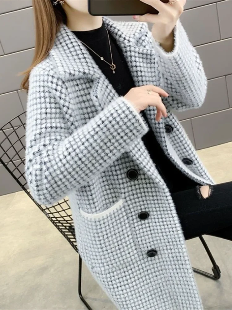 

2023 Women Plaid Long Mohair Cardigan Coat Autumn Mink Fur Knitting Jacket