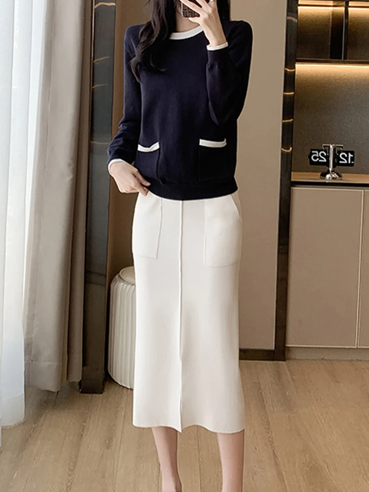 Высококачественный вязаный свитер с круглым вырезом + юбка разрезом комплект из