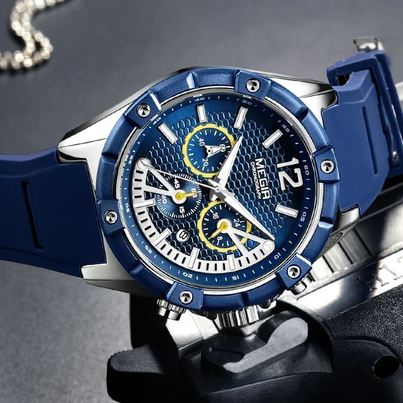 MEGIR хронограф спортивные мужские часы водостойкие силиконовые кварцевые