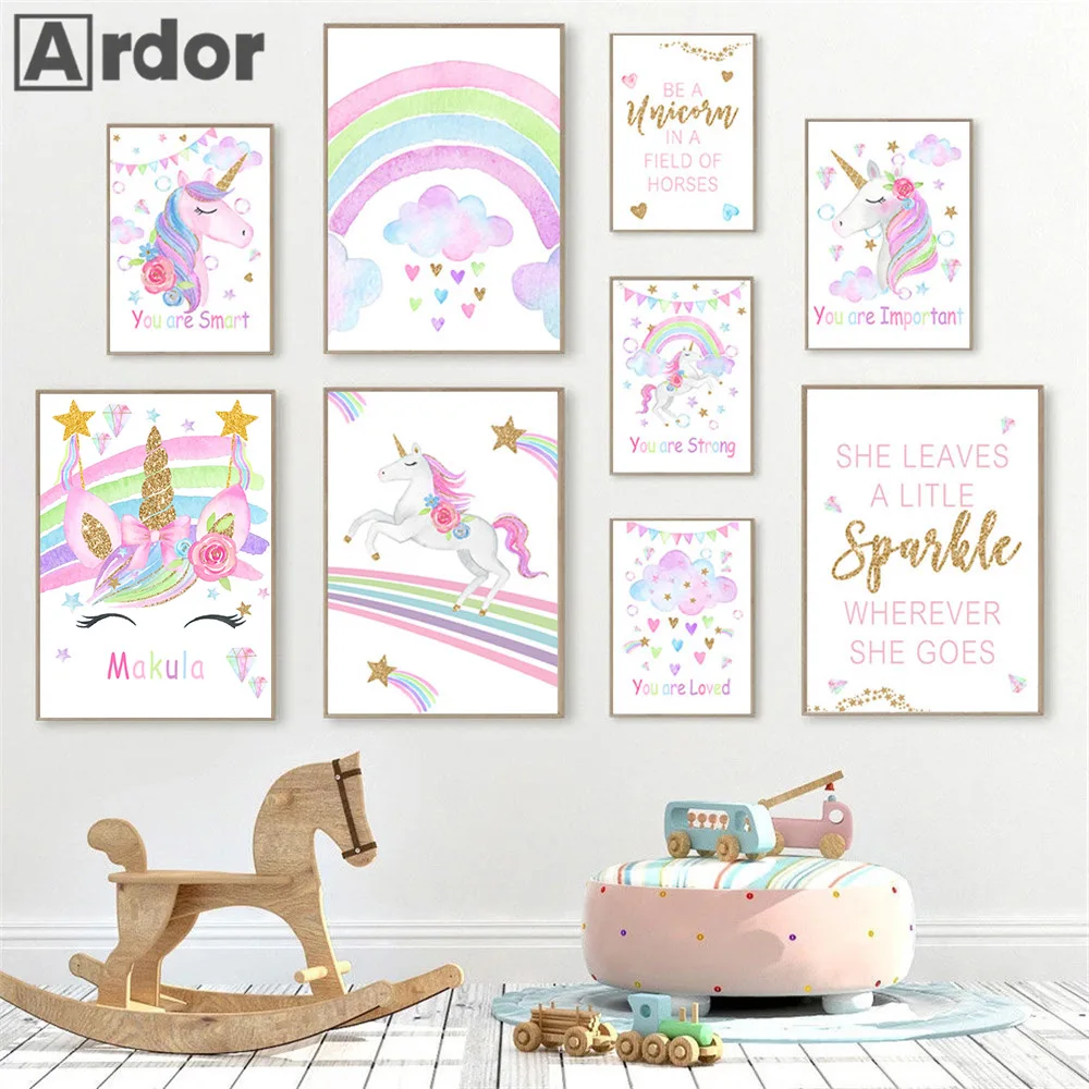 

Unicorn Painting Poster Custom Wall Art Print Rainbow Canvas Poster Cloud Nursery Paintings Nordic Wall Pictures Girl Room Decor