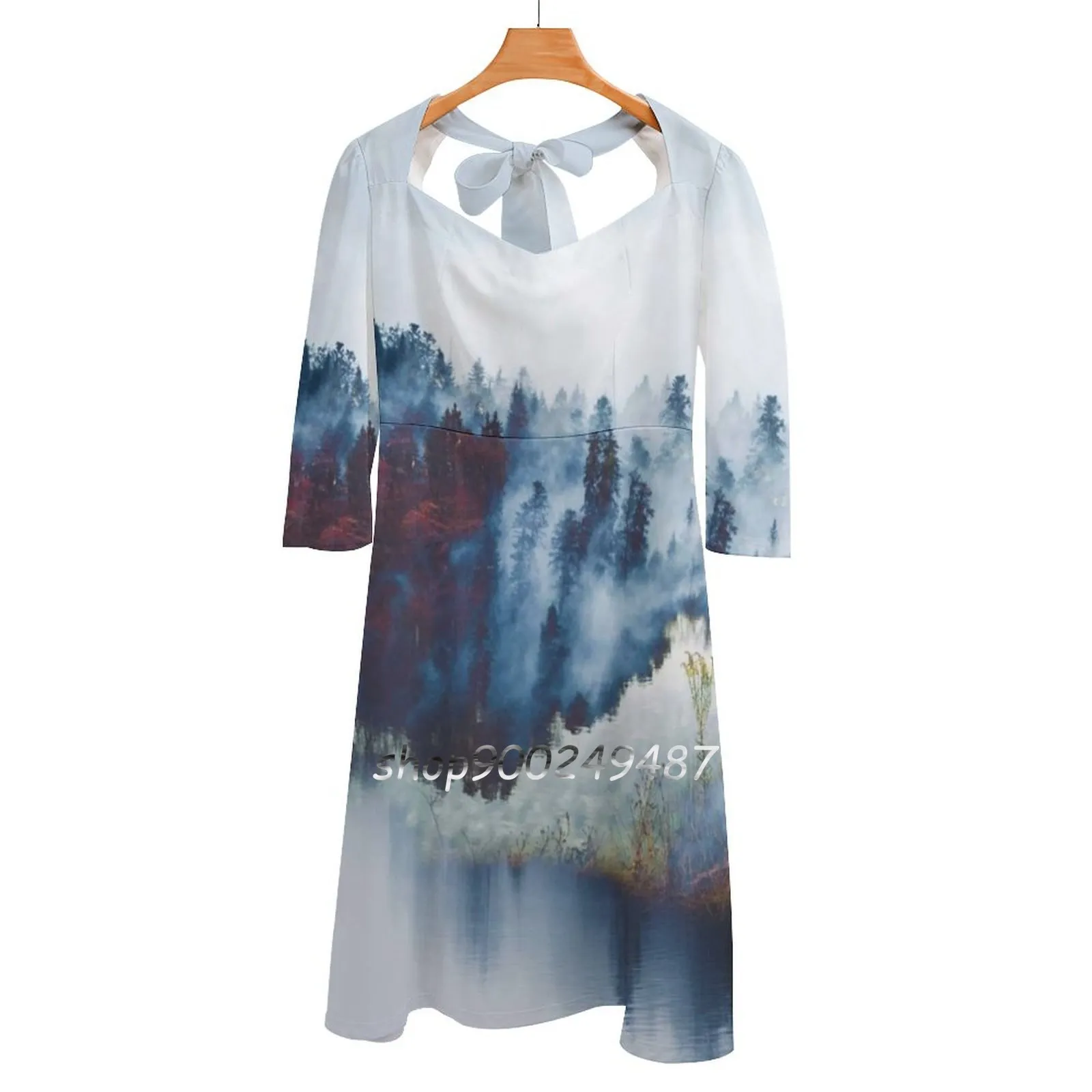 Fog Flare Dress Square Neck Elegant Female Fashion Printed Landscape Foggy Lake Clear Snow Tree Woods Forest