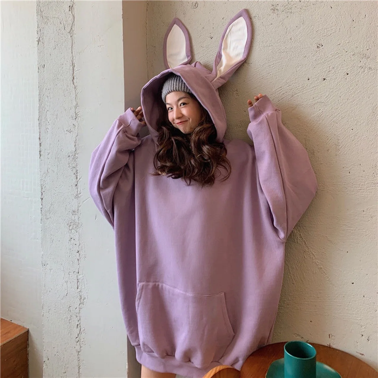 

Women Hooded Tops Long Sleeve V Neck Rabbit Ear Kangaroo Pockets Hoodies for Casual Party Street Sweatshirts
