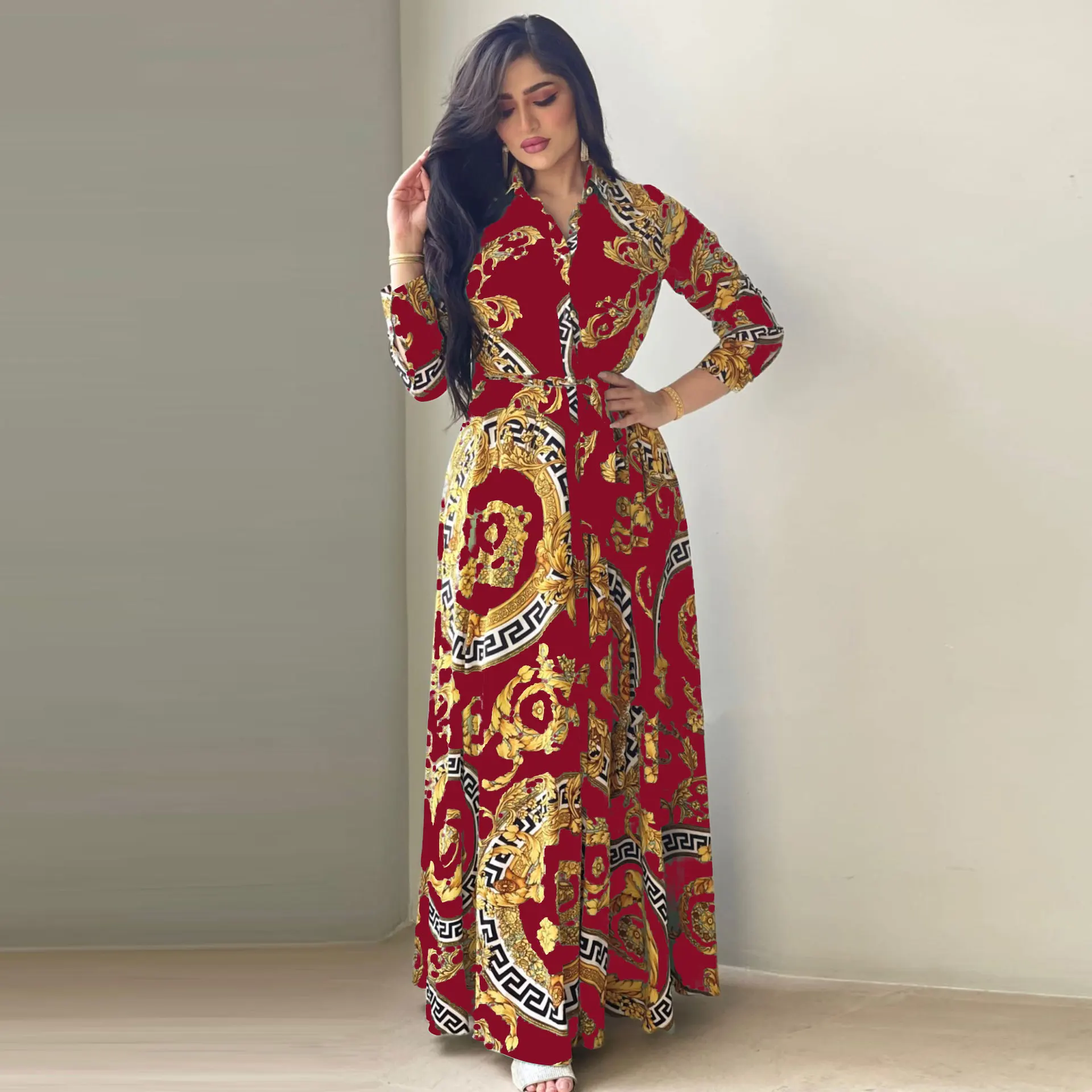 Ethnic Print Maxi Dresses for Women Single-breasted Lapel Shirt Dress Dubai Turkey Arabic Oman Middle East Clothing 2022