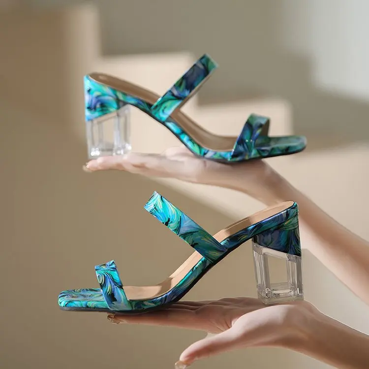 

Transparent Crystal Heel Slippers Women's 2023 Summer New Large Square Head Slippers with Pattern