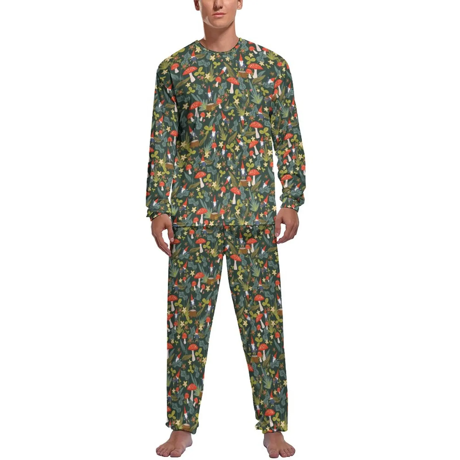 

Magic Mushroom Pajamas Spring Woodland Gnomes Night Sleepwear Man 2 Pieces Design Long Sleeve Retro Pajamas Set