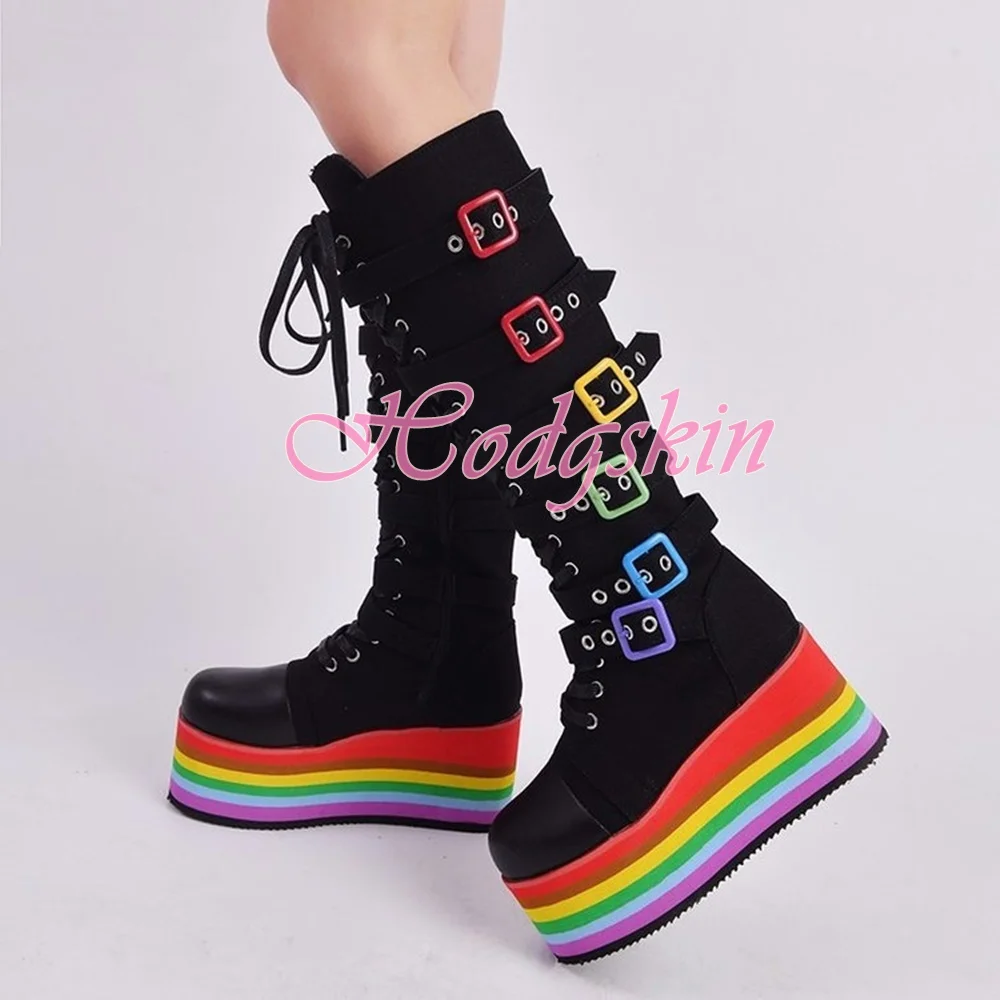 Rainbow Thick Sole Knee High Boots Round Toe Platform Colorful Buckles Women Winter Shoes Lace Up Side Zipper High Heels Boots