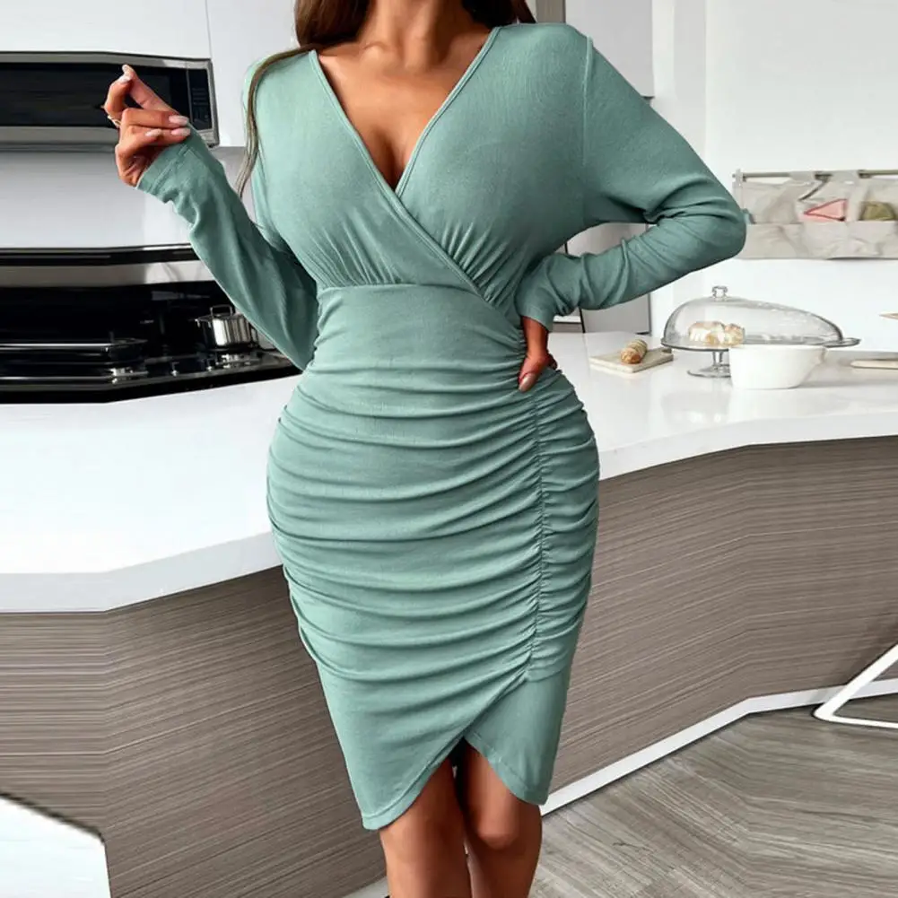 

V-neck Long Sleeve Waist Tight Hip Wrap Solid Color Elegant Dress Autumn Winter Sexy Ruched Split Hem Bodycon Dress Vestido Robe