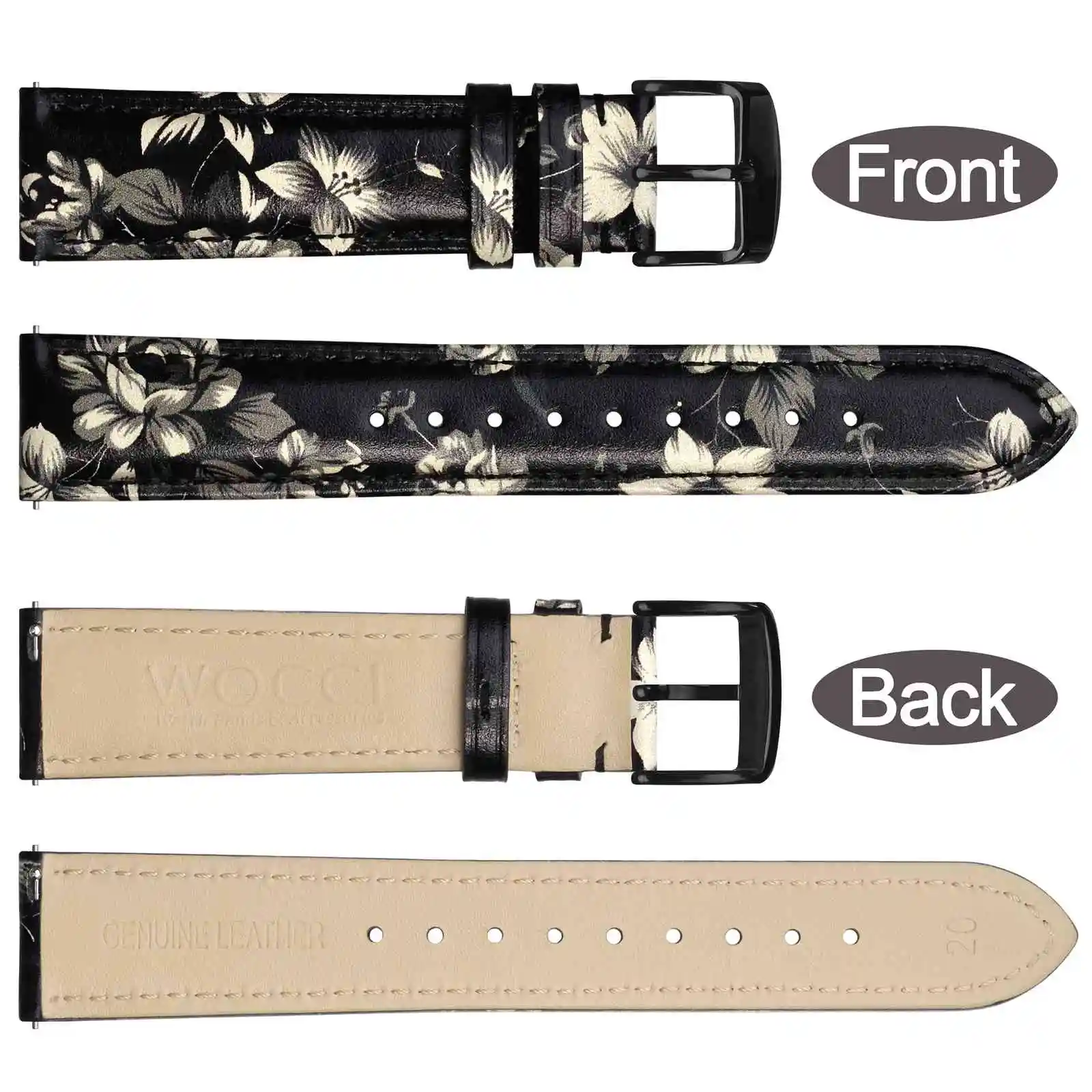 WOCCI Women Flower Watch Band Genuine Leather Strap 18mm 20mm 22mm Watchband Quick Release Bracelet Stainless Black Buckle