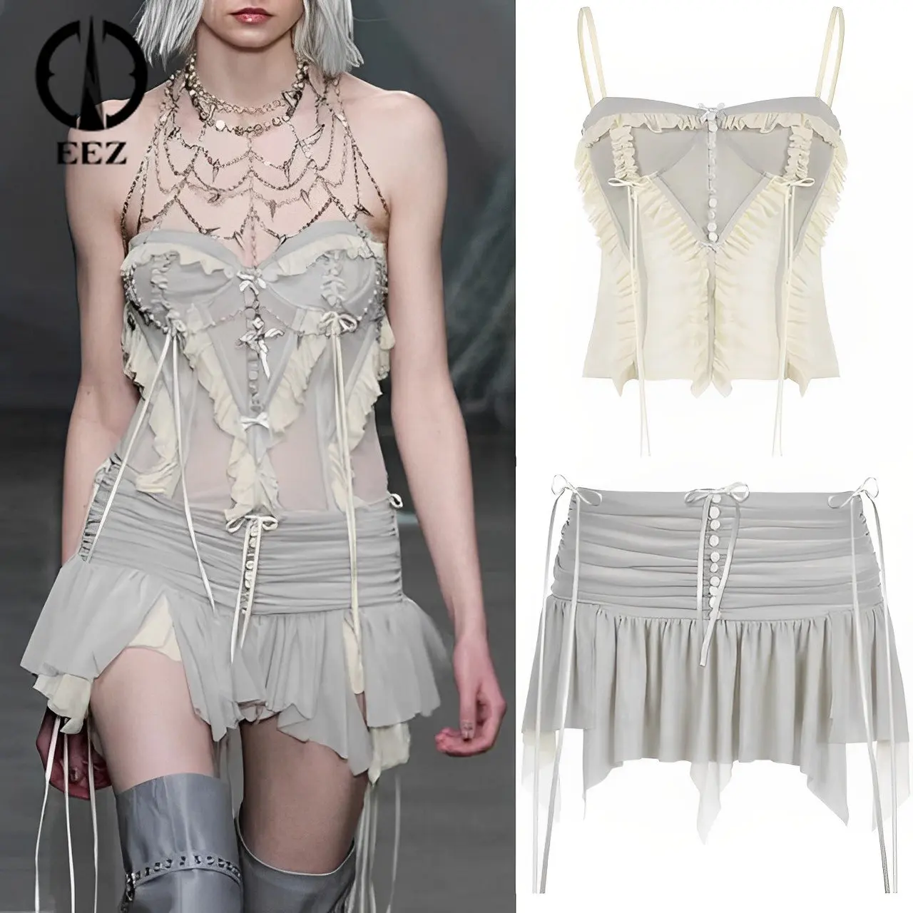 

Vintage Mesh Ruched Patchwork Bustiers Women Sexy Spaghetti Strap Slim Grey Y2K Tops Ruffle Irregular Bow Tulle Mini Skirt Sets