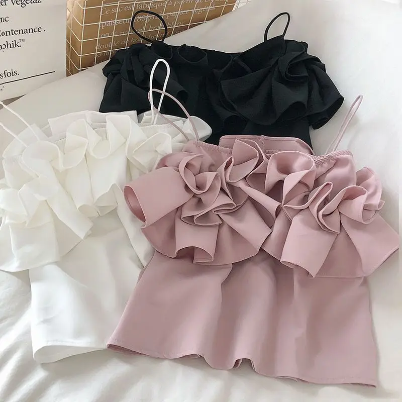 

Camis Women Japan Style Sweet Solid Off-shoulder Clubwear Y2k New Casual Ruffles Tender Sleeveless Cute Simple Summer Fashion
