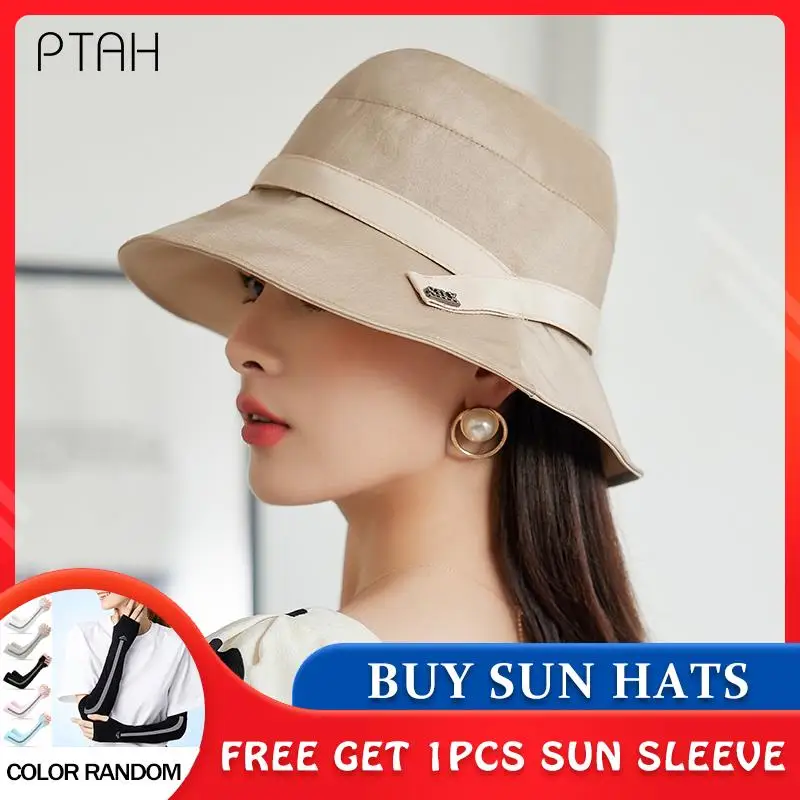 

[PTAH] Summer bucket Cap Women Sun Hat Sun Protection Breathable Outdoor Sunscreen Bucket Hat For Female Windproof Rope Packable
