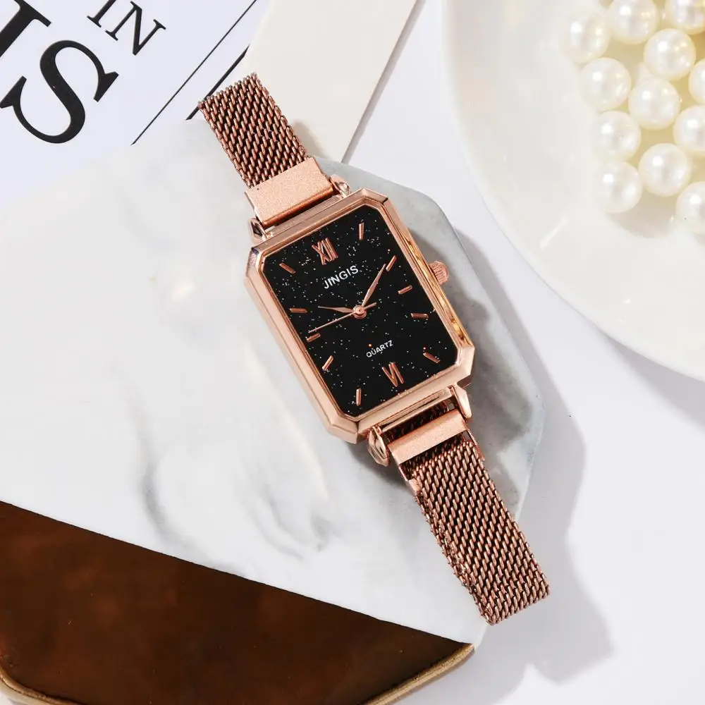 

SMVPLuxury Rectangle Marble Dial Bracelet Quartz Watches For Women Rose Gold Ladies Black Clock Relogio Feminino