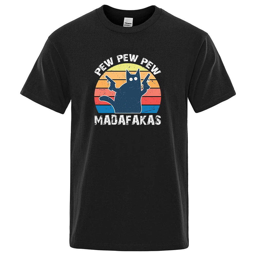 

Pew Pew Madafakas T Shirt Men Novelty Cool T-Shirt Funny Cat Vintage Tshirt Hip Hop Summer Tops Shirts Crew Neck Black Clothing