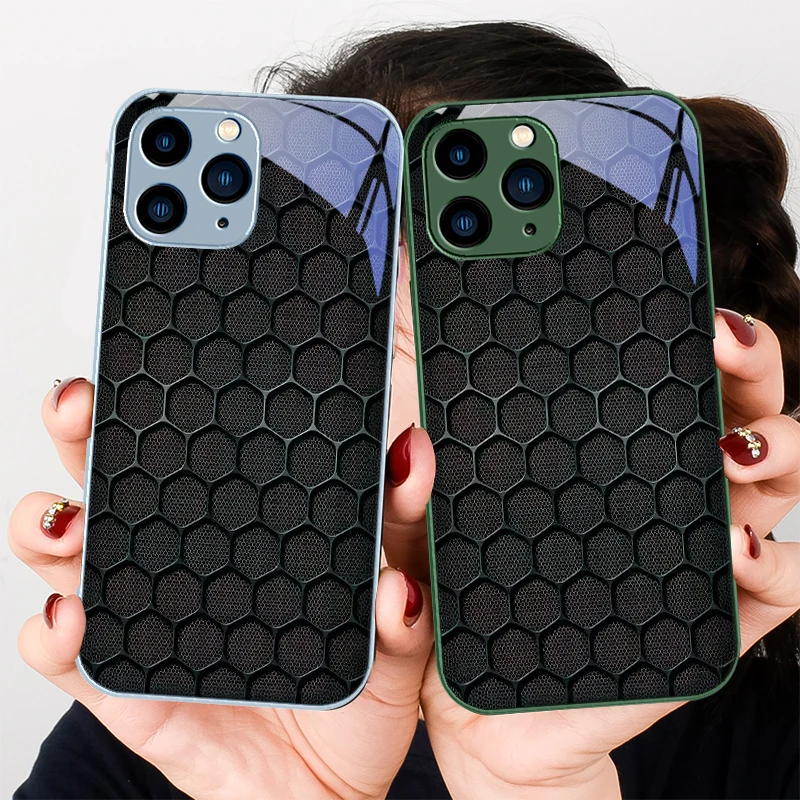 Dark gray honeycomb grid purple For Iphone 16 Plus 15 14 13 12 Mini 11 Pro Max X XS XR 7 8 2022 Tempered Glass Phone Case