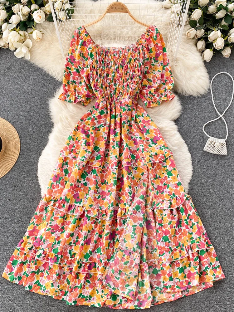 

YuooMuoo праздничный сезон с цветочным принтом длинное платье макси модное с оборками подол с высоким разрезом летнее женское платье корейские...