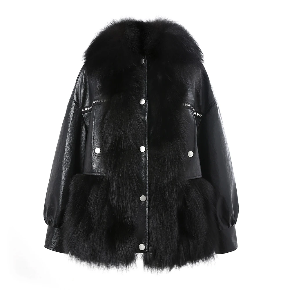 Women Fox Fur Leather Jackets 2022 New Splicing Fur Coats Collar Hem Luxury Genuine Sheepskin Winter Thick Warm Overcoats 3501