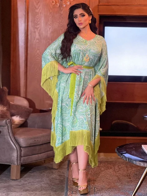 

Floral Print Bat Sleeve Oversized Gown Dresses Tassel Patchwork Belted Banquet Kaftan Turkey Muslim Abaya Women Dress