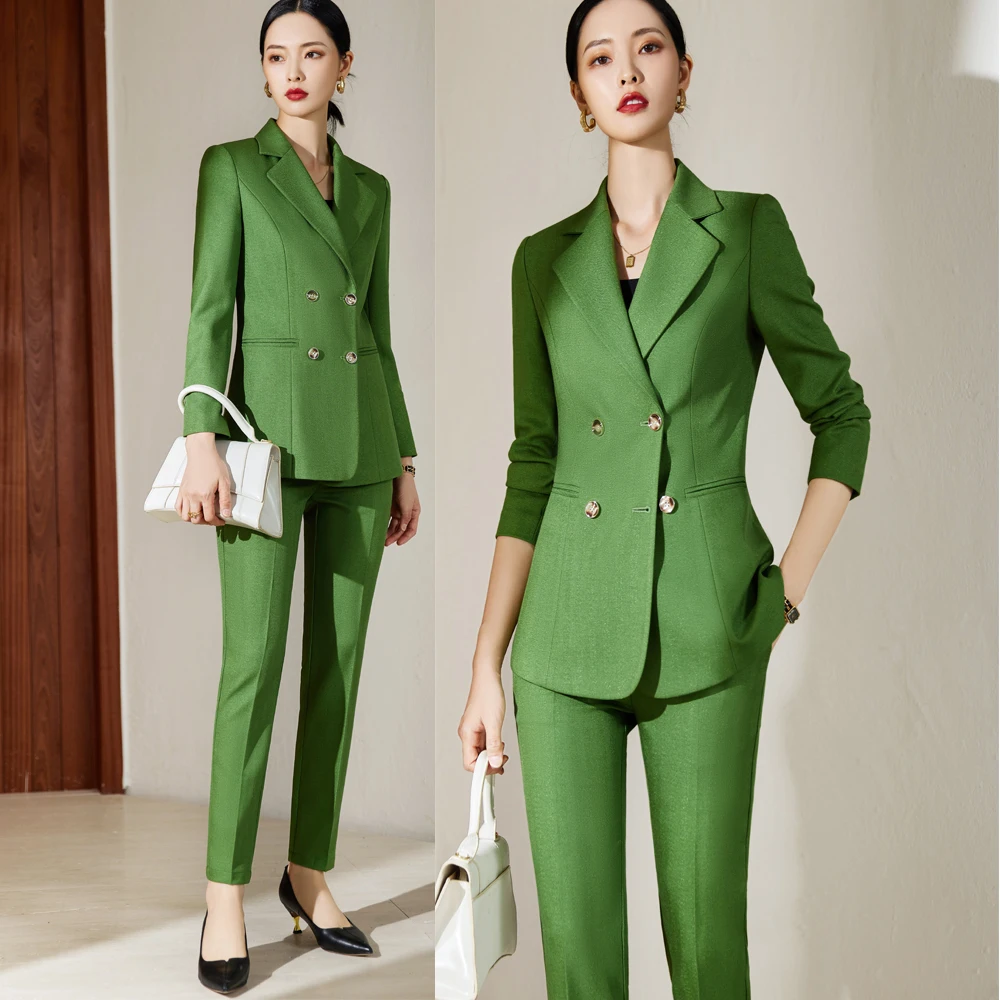 Spot wholesale: Autumn viscose commuter loose pants set, lattice small suit, green long sleeve commuter women's clothing