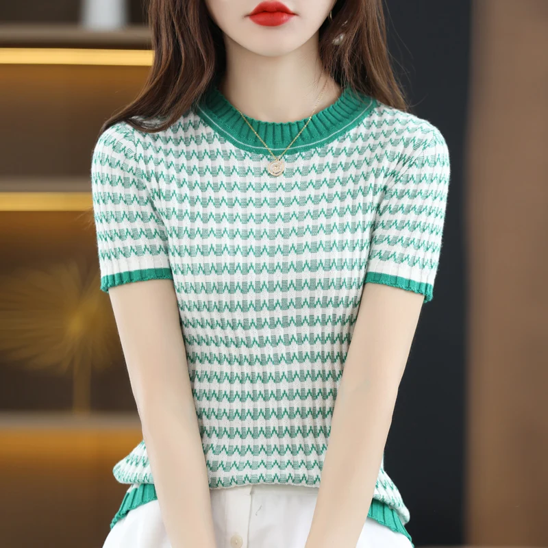 

Женский вязаный пуловер с коротким рукавом, Свободный Топ в полоску из 100% хлопка с вышивкой, лето
