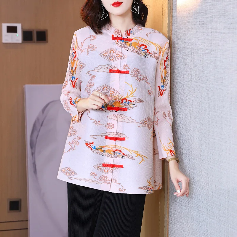 Shirts For Women 45-75kg Vintage Chinese Style Printed Stand Collar Loose Stretch Miyake Pleated Single Breasted Tops 2022 Autut