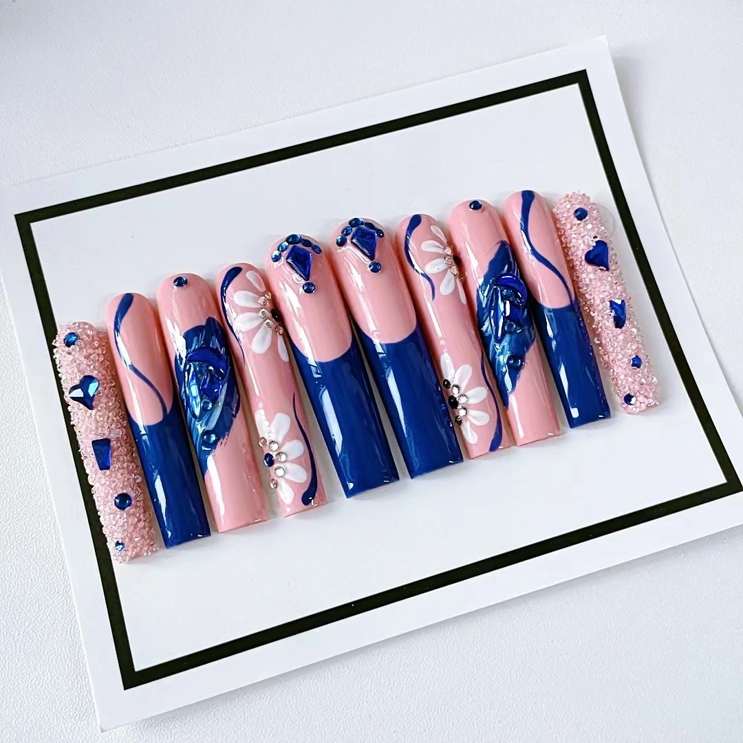 100% Роскошные ногти ручной работы 3D накладные ручная роспись искусственные