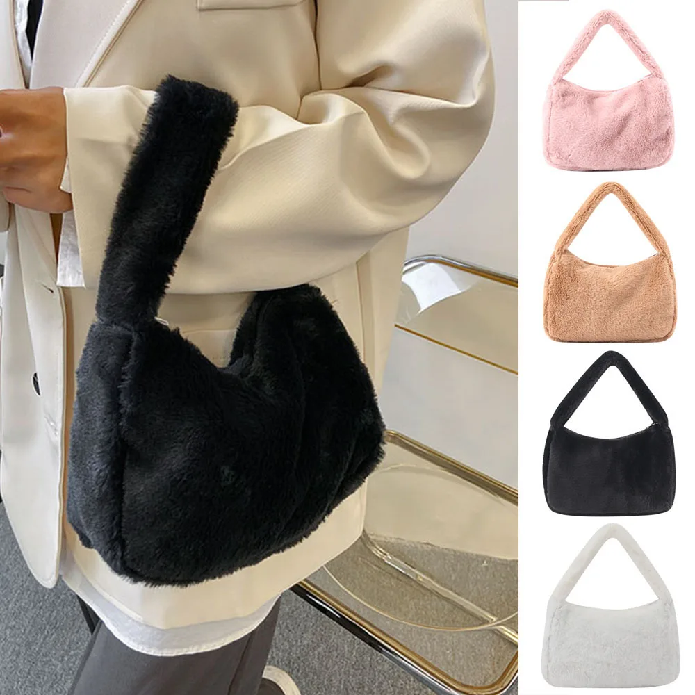 

Sweet Fashion Versatile Shoulder Bag Vintage Plush Underarm Purse Solid Tote Bags Carrying Cloth Bag For Women Soft Wrist Bag