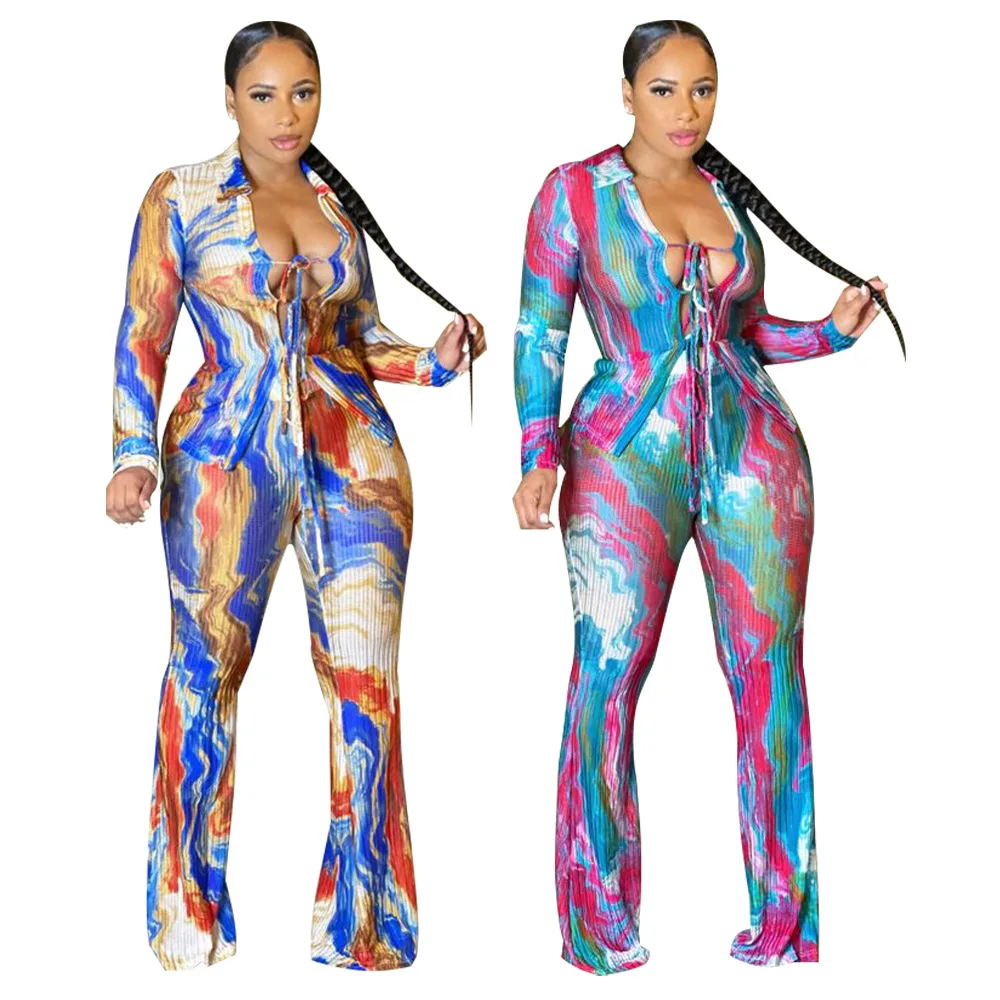 

2022 Spring And Summer Women Long Sleeve Irregular Lace-up Tie-dye Two-piece Set