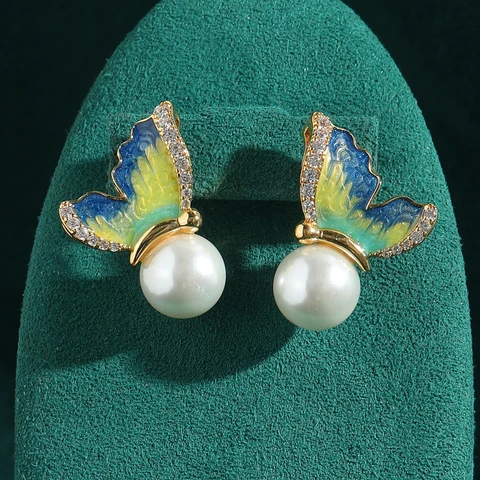 Винтажные эмалированные элегантные серьги с жемчугом-бабочкой для женщин, аксессуары, роскошные дизайнерские ювелирные изделия, высокое качество, новинка 2023 года