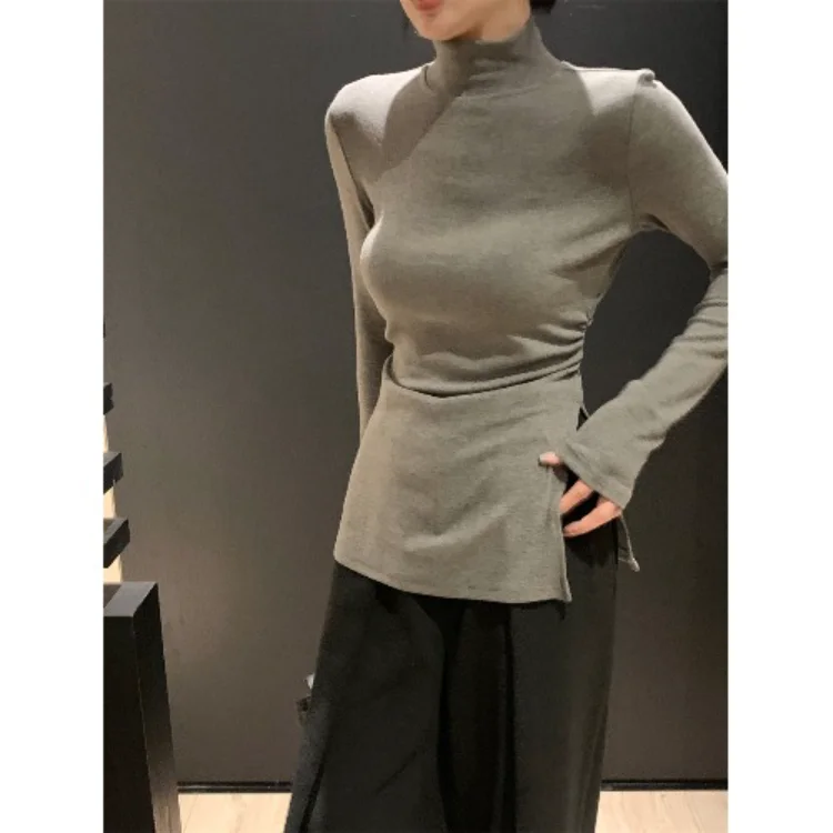 

Korobov Y2k Clothes Half High Collar Tops Long Sleeved Female Autumn Winter Slim Slit Design Chic Tees Korean Fashion Camisetas