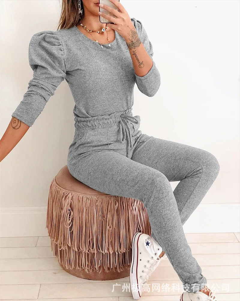

Women's 2023 new spring and summer bubble sleeve rubber band casual suit