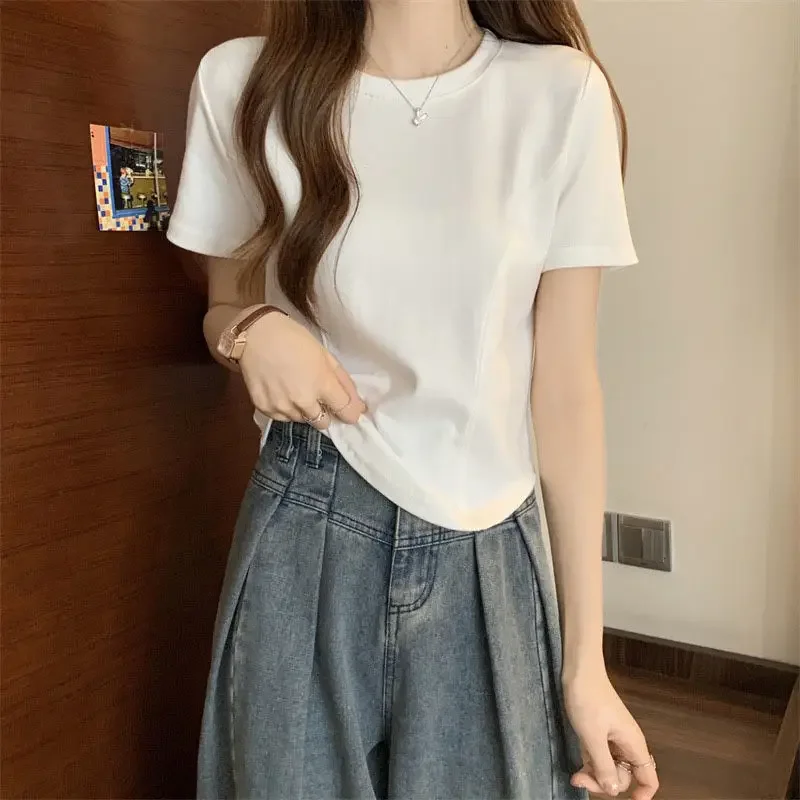 Лето 2024 новая женская облегающая футболка с короткими рукавами и круглым вырезом