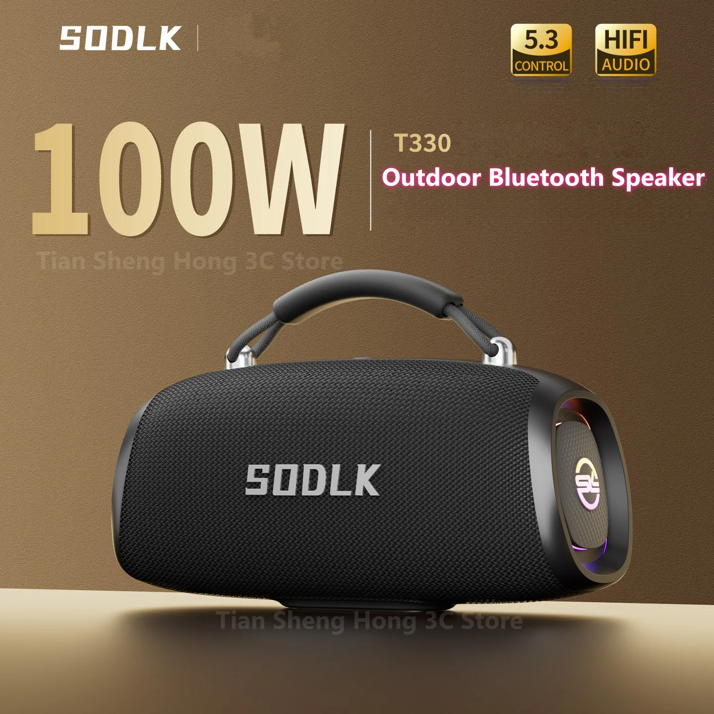 Фото Беспроводная Bluetooth-колонка T330, 100 Вт, с сабвуфером, мощными басами, RGB-подсветкой, для улицы, водонепроницаемая IPX6, для кемпинга и походов, музыкальный плеер №1