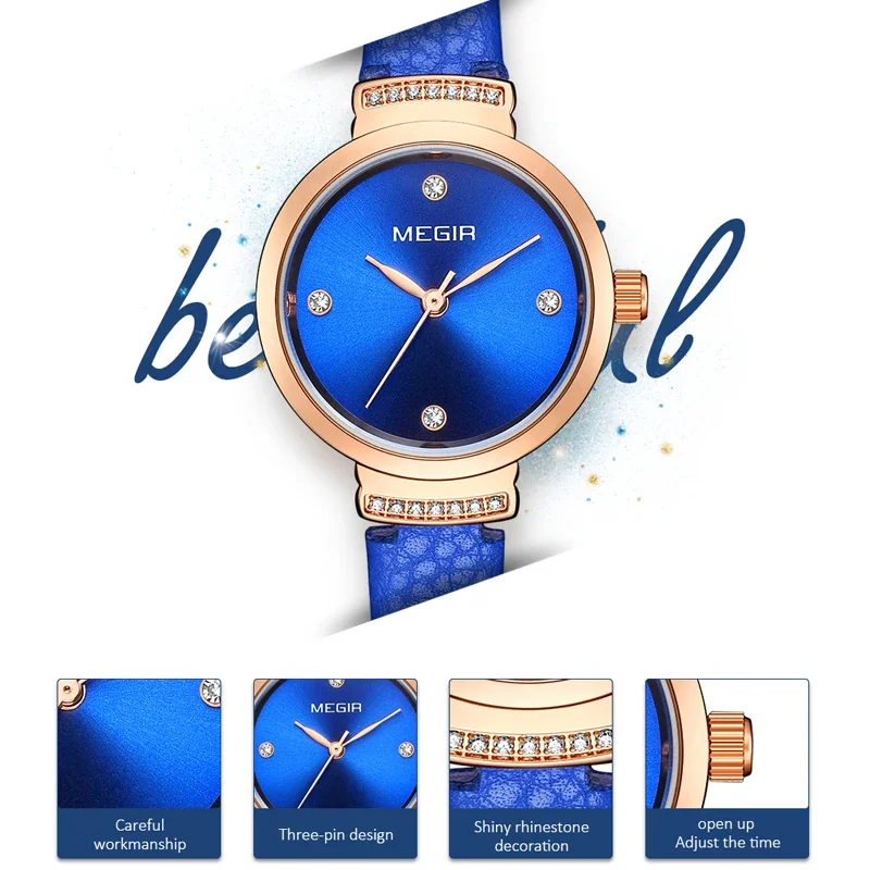 MEGIR Роскошные женские часы модные элегантные синие кварцевые кожаные маленькие