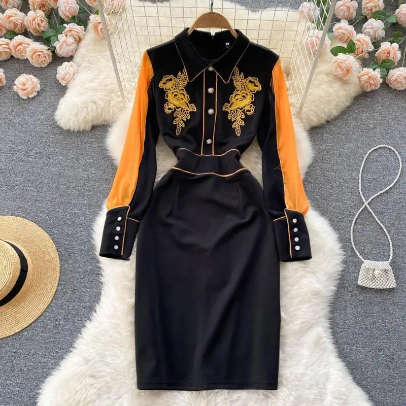 

WEIHAOBANG 2022 Spring Autumn Women's New Embroidered Medium Long Skirt Lapel Long Sleeve Leisure High Waist Slim Dress