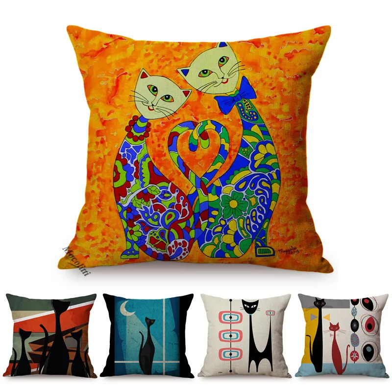 

Cartoon Cat Modern Abstract Art Home Decoration Sofa Pillow Case Cute Animal Poster Cotton Linen Living Room Chair Cushion Cover