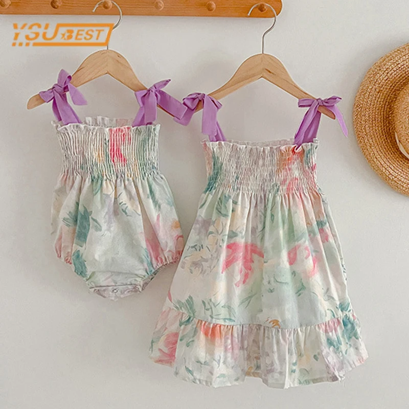 

Летнее платье для новорожденных девочек, без рукавов, с цветочным принтом, платье для сестер, одежда для маленьких девочек, комбинезоны, комбинезоны для маленьких принцесс