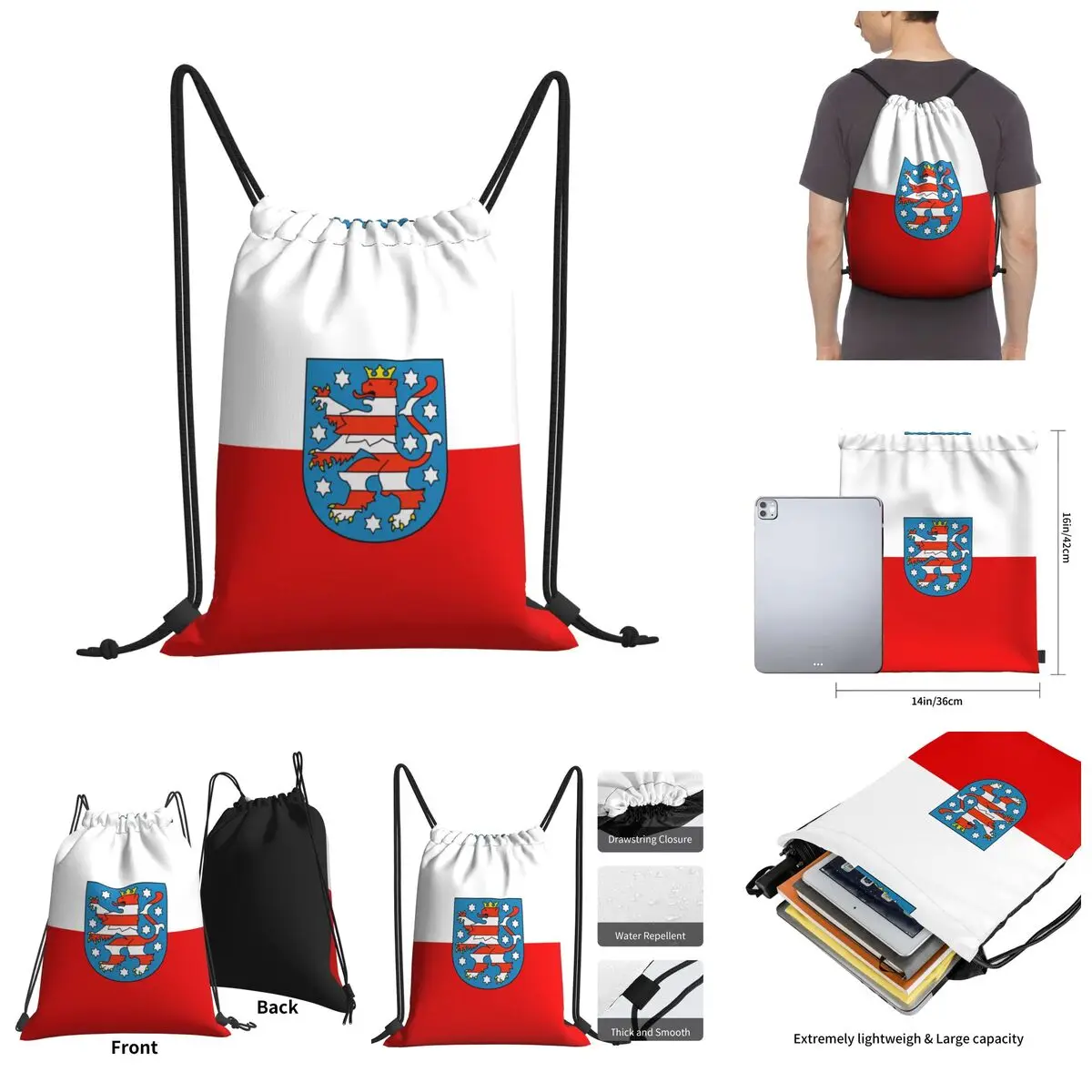 

Flag Of Thuringia (state) Drawstring Bags Gym Bag premium Backpack Graphic German states Field pack