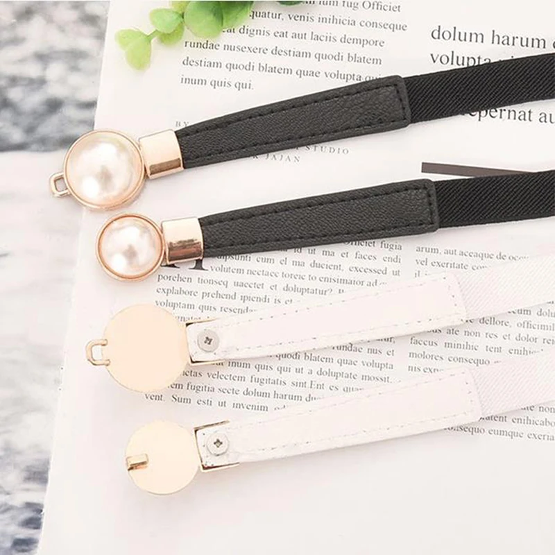 

1pc Pearl Buckle Belt PU Leather Dress Skirt Waist Elastic Thin Ladies Suit Dress Waistband Adjustable Wild Female Waist Strap