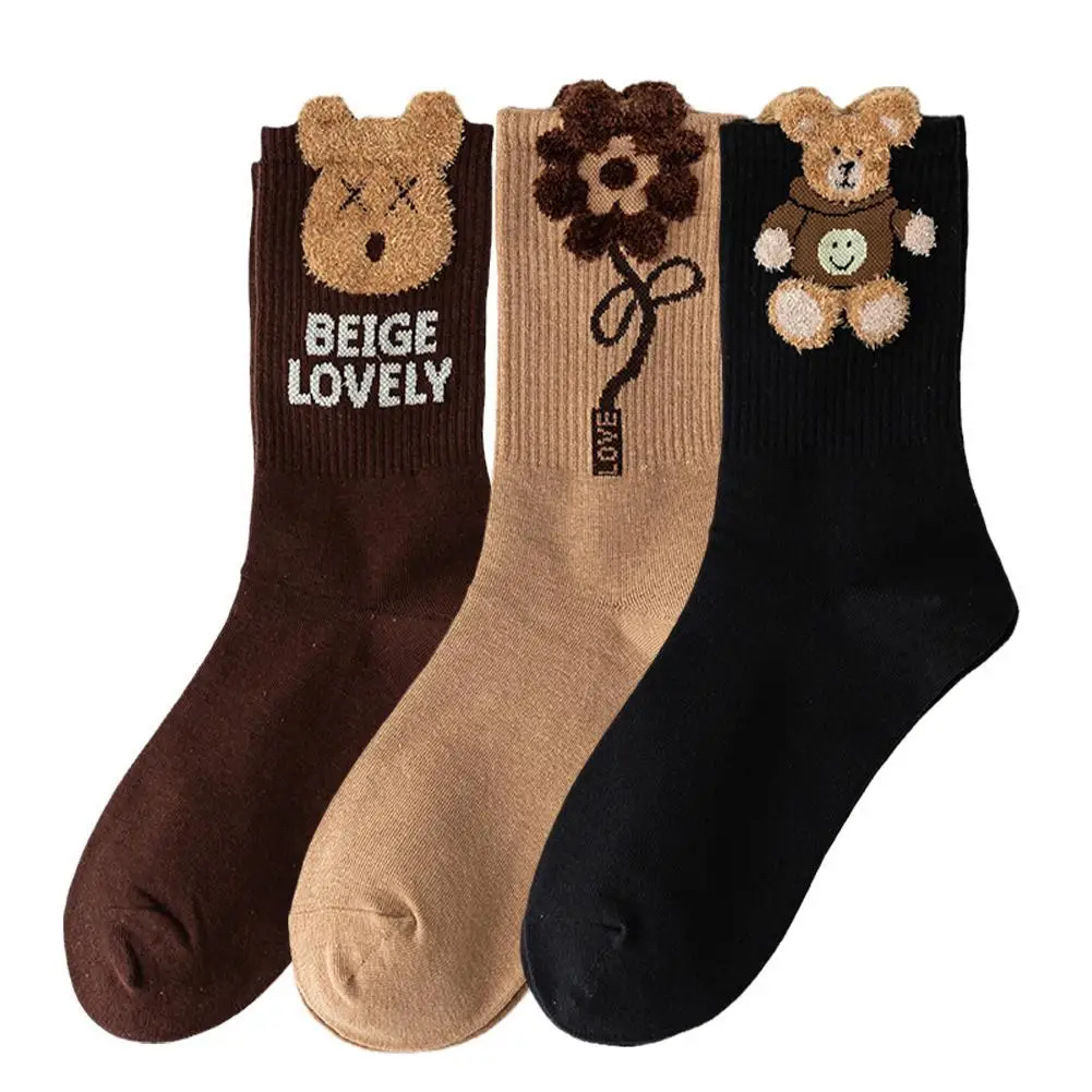 Chaussettes rétro mi-mollet pour femmes  mignonnes  ours  Style coréen  confortables  doux  mélange