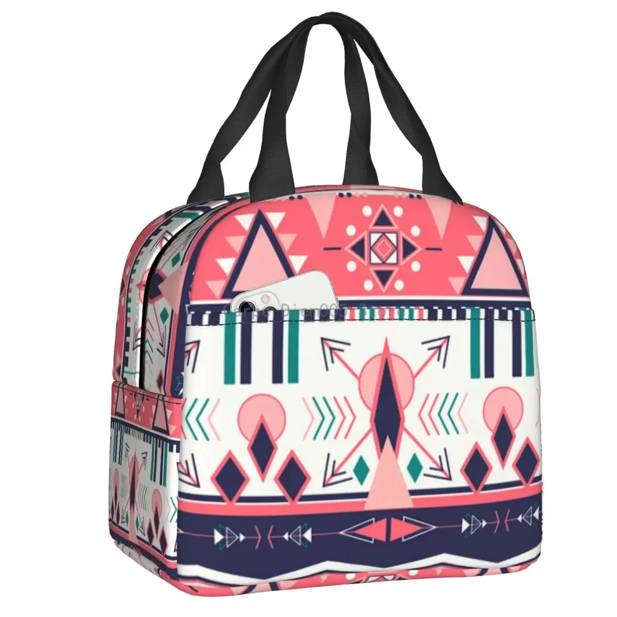 

Colorful Tribal Bohemian Pattern Insulated Lunch Tote Bag for Women Boho Stripe Portable Cooler Thermal Bento Box School Travel