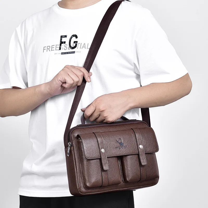 Vintage Small Men'S Briefcase Business Tote Bag PU Leather Wallet Handbags Shoulder Ipad Macbook Square Side Crossbody Bag Male