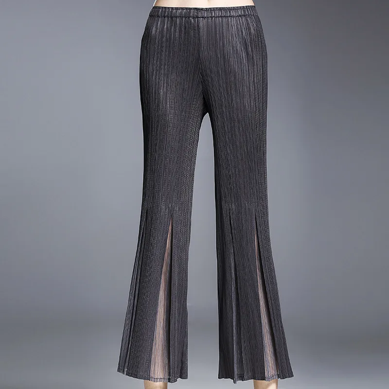 Miyake high-waisted wide-leg pants pleated nine-point pants summer women's pants split stitching mesh casual pants