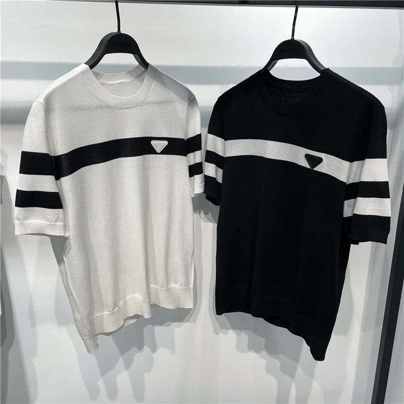 

Casual Street Short Sleeve T short Fashion Men Striped Summer New Knitted Ice Silk O Neck Business Men's T-Shirt camisetas