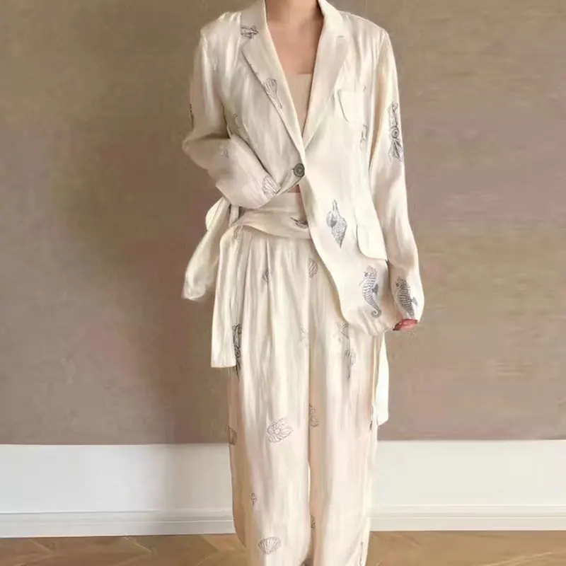 Pajamas Style Women's Fashion Set Marine Print Slim fashion Loose Blazer + Straight Pants 2022 New