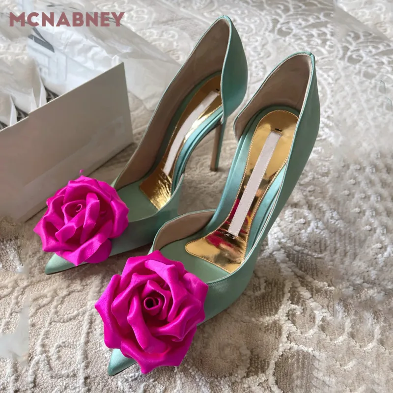 Rose Red Rose Flower High-Heeled Shoes New Pointed Toe Stiletto High-Heeled Niche Design Fashion Color-Blocking Sexy Shoes